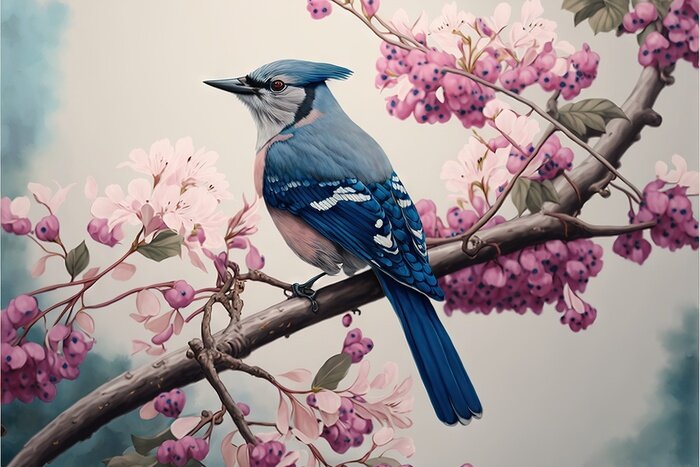Sticker  Oiseau bleu sur une branche d'arbre de printemps