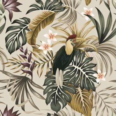 Oiseau exotique entre des feuilles tropicales de style vintage