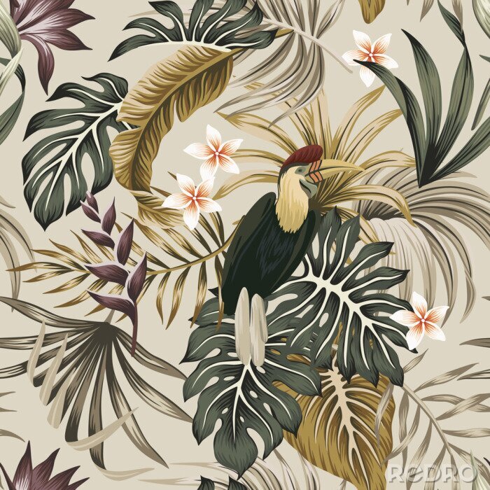 Sticker  Oiseau exotique entre des feuilles tropicales de style vintage