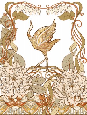 Sticker  Oiseau grue art nouveau