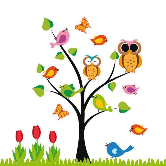 Sticker  Oiseaux assis sur une illustration multicolore d'arbre