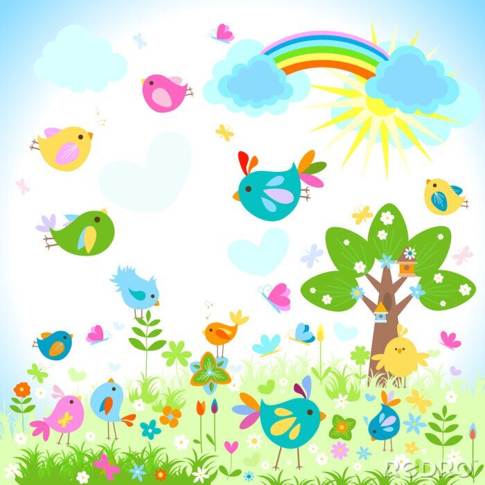 Sticker  Oiseaux colorés au printemps