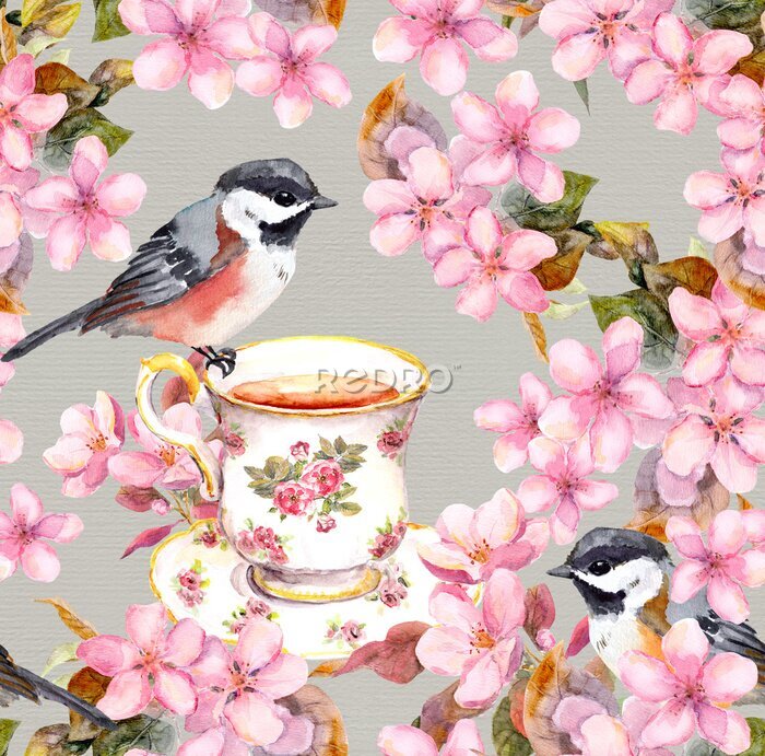 Sticker  Oiseaux de printemps et une tasse
