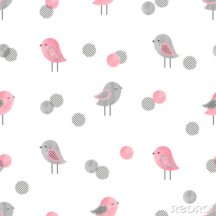 Sticker  Oiseaux gris et roses sur un fond blanc