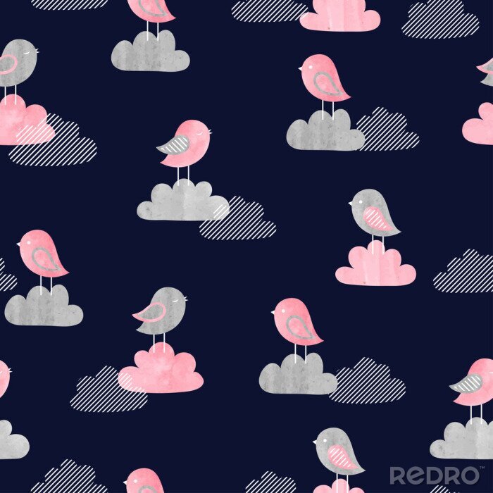 Sticker  Oiseaux, nuages roses et ciel nocturne