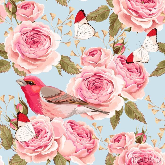 Sticker  Oiseaux roses roses et papillons