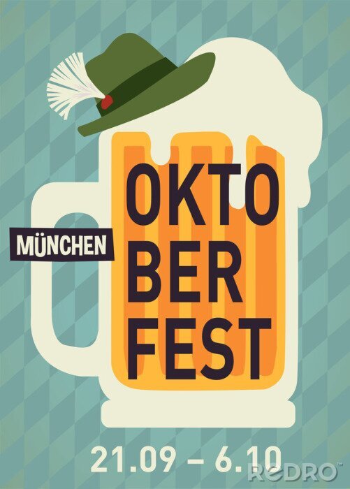 Sticker  Oktoberfest party poster illustration with mug of beer and blue and hat party background. Vector celebration flyer template for traditional German beer.
