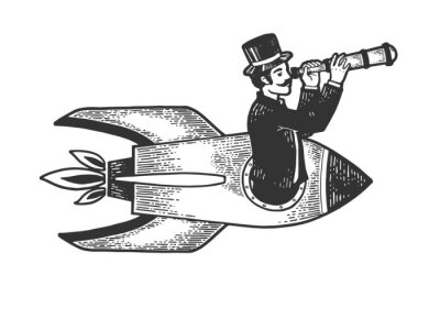 Sticker  Old fashioned gentleman flies in rocket and looks through telescope sketch engraving vector illustration. Scratch board style imitation. Black and white hand drawn image.
