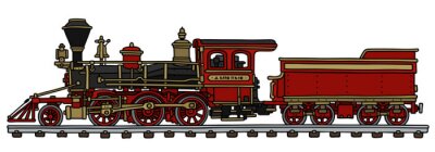 Sticker  Old Red locomotive à vapeur américain / dessin à la main, illustration vectorielle