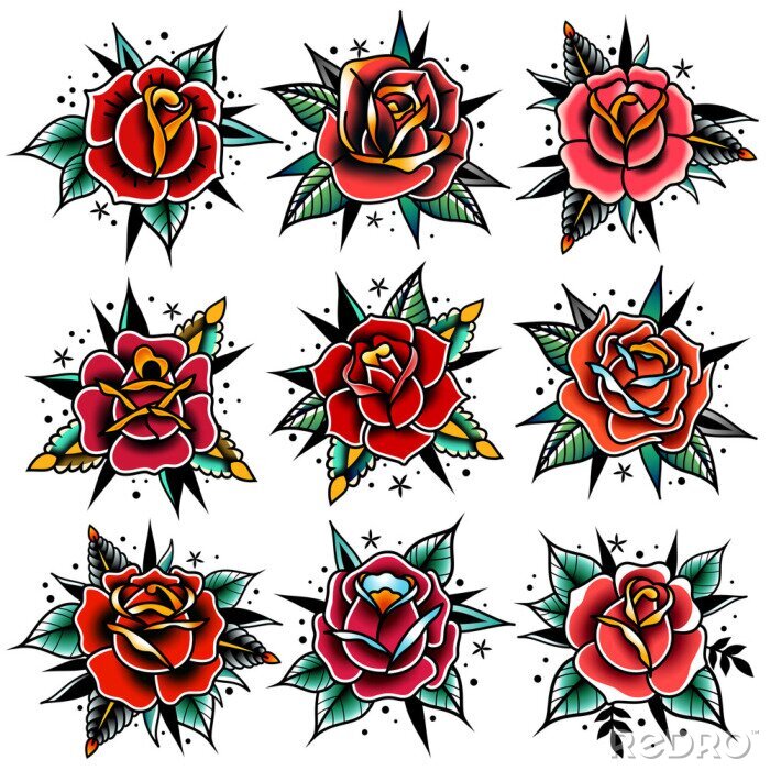 Sticker  old school tattoo roses rouges avec jeu de feuilles
