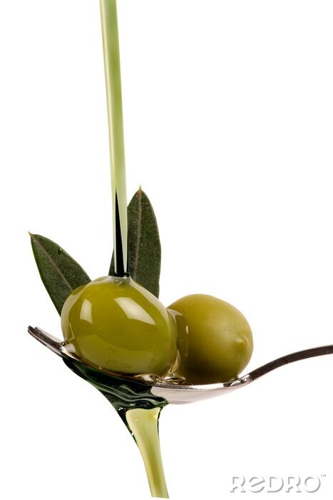 Sticker  Olives sur une cuillère versée avec de l'huile