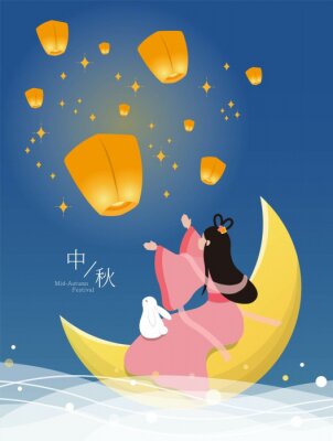 Sticker  On Mid-Autumn Festival, Chang'e and cute rabbits sit on the moon and put sky lanterns. Subtitle translation: Mid-Autumn Festival
