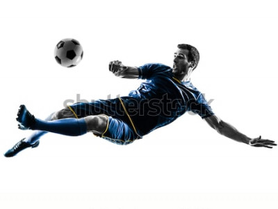 Sticker  one caucasian soccer player man playing kicking in silhouette isolated on white background