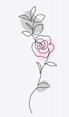 Sticker  One line drawing. Ornament with garden rose and leaves. Hand drawn sketch. Vector illustration.