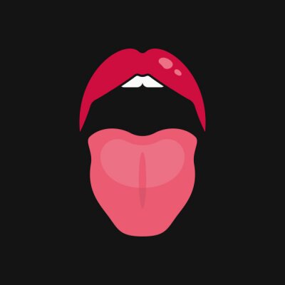 Sticker  Open mouth women. Lips and tongue logo on black