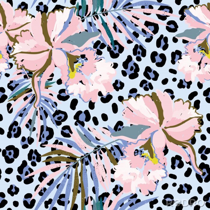 Sticker  Orchidées et feuilles de palmier colorées