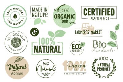 Sticker  Organic food, farm fresh and natural products labels and elements collection. Vector illustration for food market, e-commerce, restaurant, healthy life and premium quality food and drink promotion.