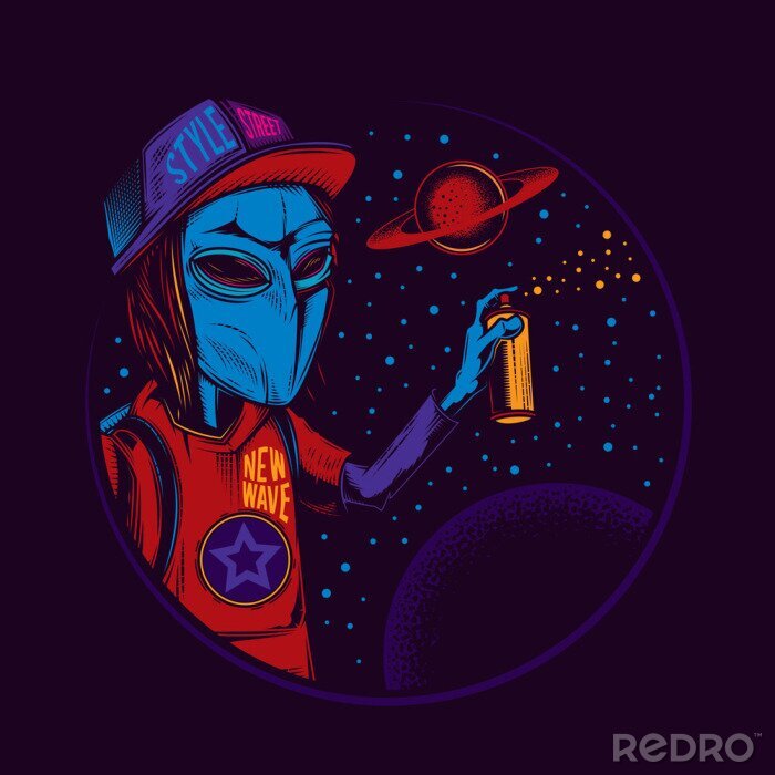 Sticker  Original vector illustration in vintage neon style. An alien in a cap draws graffiti on the background of space and planets. T-shirt design