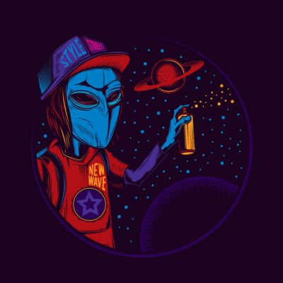 Sticker  Original vector illustration in vintage neon style. An alien in a cap draws graffiti on the background of space and planets. T-shirt design