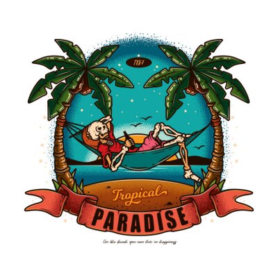 Sticker  Original vector illustration in vintage style. Skeleton lying in a hammock with a bottle of beer in his hands, against the palm trees, the sea.