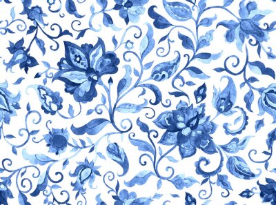 Sticker  Ornement floral aquarelle bleu