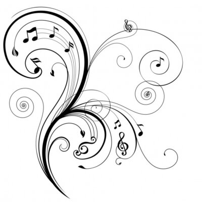 Sticker  Ornement floral avec des notes de musique, illustration vectorielle.