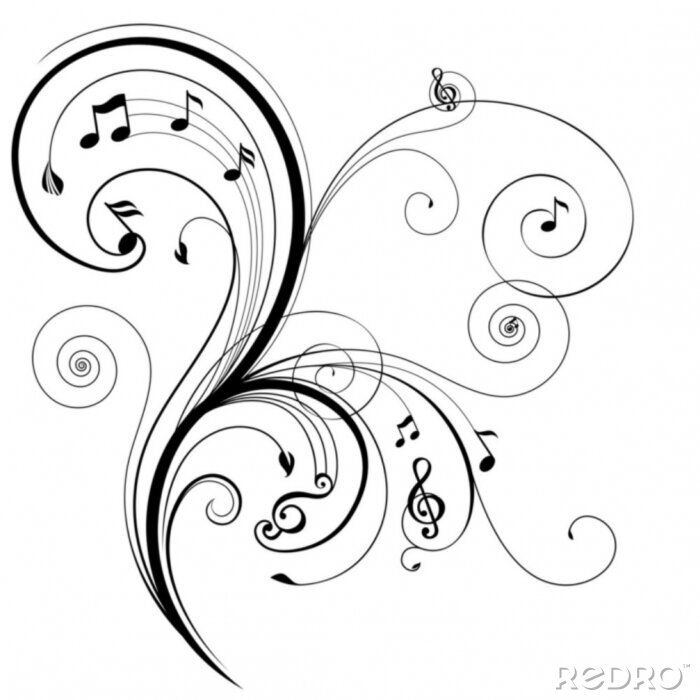 Sticker  Ornement floral avec des notes de musique, illustration vectorielle.