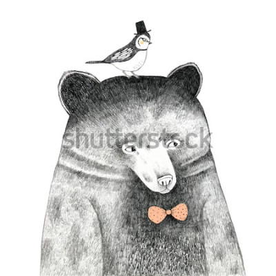 Sticker  ours avec un oiseau sur la tête - dessin au crayon
