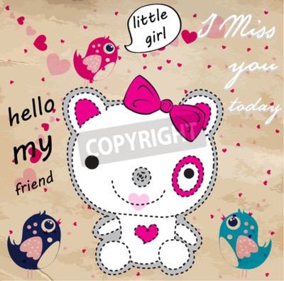 Sticker  Ours en peluche blanc avec un arc dessin au trait pointillé