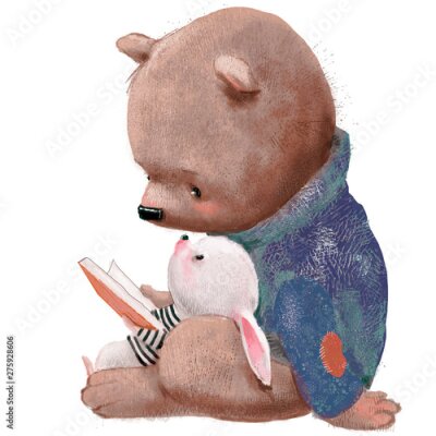 Ours en peluche et lapin lisant un livre
