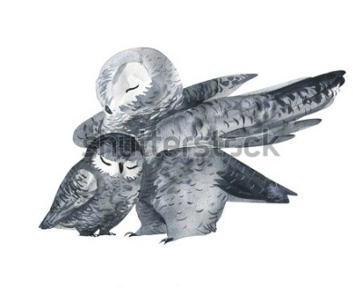 Sticker  Owl et une technique d'aquarelle pour bébé. Animaux de la forêt. Illustration originale réaliste isolée sur fond blanc. Carte de fête des mères faites à la main.