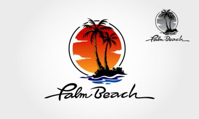 Sticker  Palm Beach Logo Template, Water ocean waves with sun, palm tree and beach, for restaurant and hoteling. Palm Beach logo is fully customizable; it can be easily edit to fit your needs.