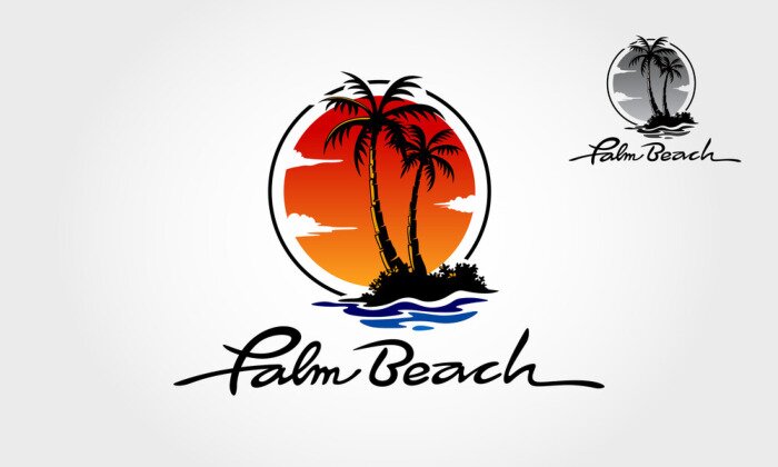 Sticker  Palm Beach Logo Template, Water ocean waves with sun, palm tree and beach, for restaurant and hoteling. Palm Beach logo is fully customizable; it can be easily edit to fit your needs.