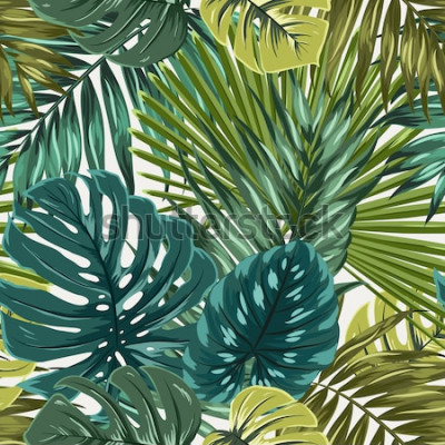 Sticker  Palm monstera de forêt tropicale humide laisse camouflage texture transparente motif. Bleu turquoise vert vif sur fond beige. Île de paradis de vacances de vacances. Illustration de conception de vect