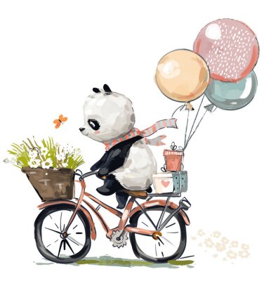 Panda sur un vélo avec un panier et des ballons
