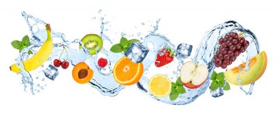Sticker  Panorama d'éclaboussure d'eau avec divers glaçons de fruits et feuilles de menthe fraîche isolées sur fond blanc