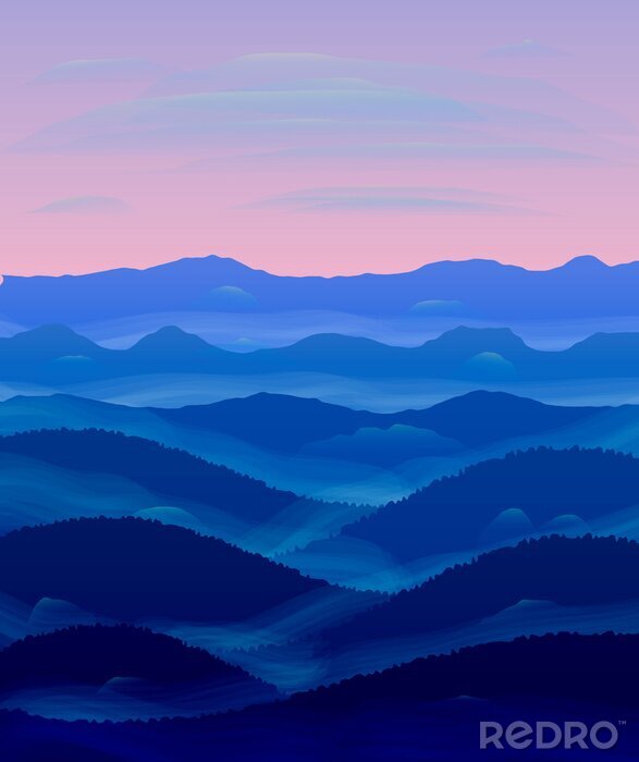 Sticker  Panorama des collines. Le coucher du soleil. Brouillard.