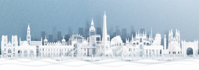 Sticker  Panorama postcard and travel poster of world famous landmarks of europe, Holland, France, Germany, Belgium, Spain and England in paper cut style vector illustration