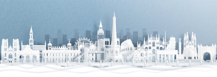 Sticker  Panorama postcard and travel poster of world famous landmarks of europe, Holland, France, Germany, Belgium, Spain and England in paper cut style vector illustration