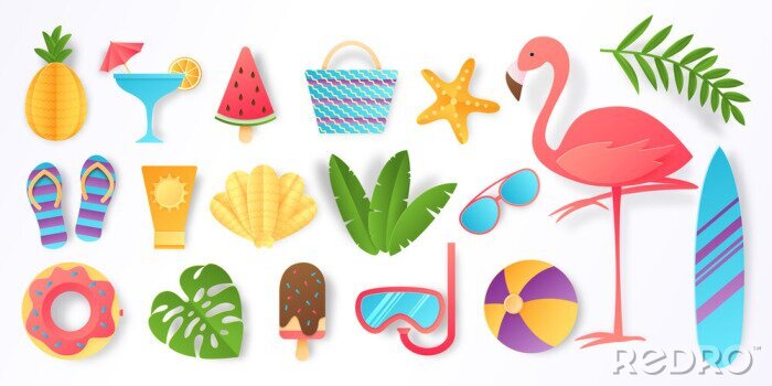 Sticker  Paper cut summer elements. Trendy tropical leaves pink flamingo and beach stickers. Vector sun ice cream ball vacation travel icons flat illustration