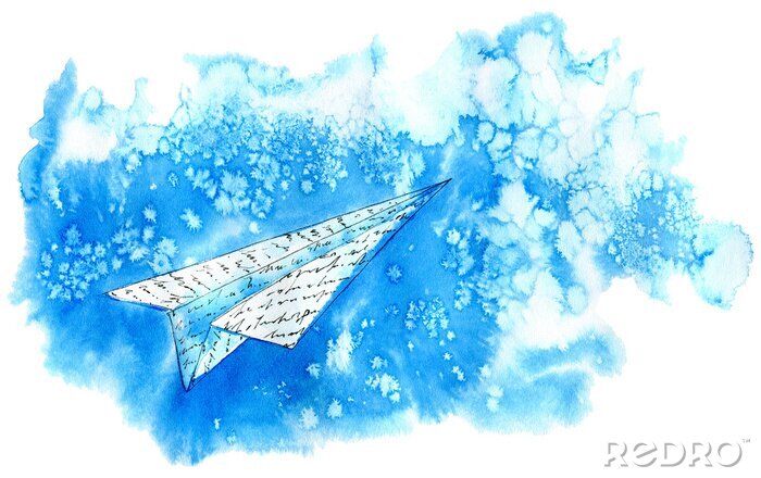 Sticker  Papier avion dans le ciel. Résumé image.Watercolor illustration tirée à la main.