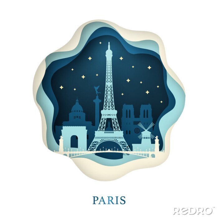 Sticker  Papier d'art de Paris. Concept d'origami. Ville de nuit avec des étoiles. Illustration vectorielle