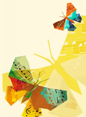Sticker  Papillon en origami avec des notes de musique. Illustration de fond coloré avec des papillons en origami avec des notes de musique. Concept de musique classique.