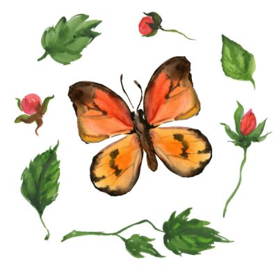 Sticker  Papillon orange et feuilles