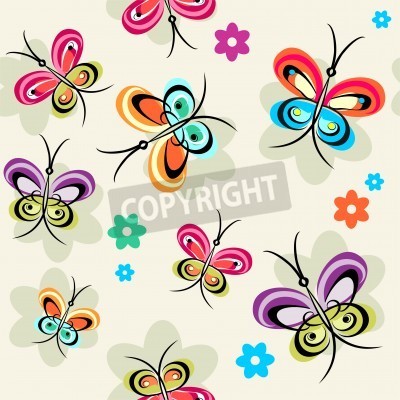 Sticker  Papillons et fleurs sur fond uni