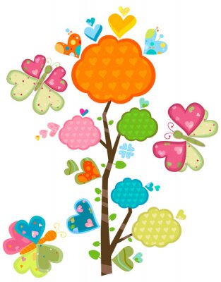 Papillons et un arbre aux coeurs colorés