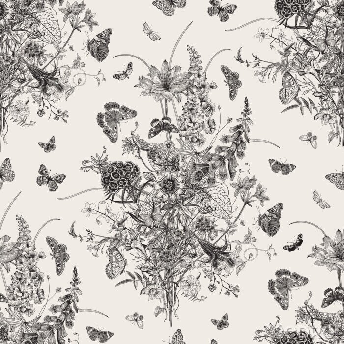 Sticker  Papillons gris et bouquets de fleurs sauvages vintage