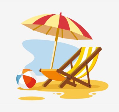 Sticker  Parasol et transat sur la plage.