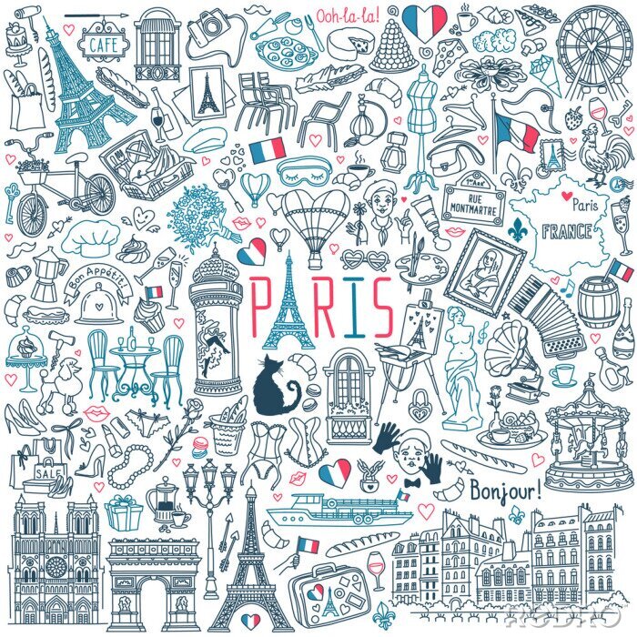 Sticker  Paris doodle set. Popular French landmarks, food and attractions. Vector illustration isolated on white background