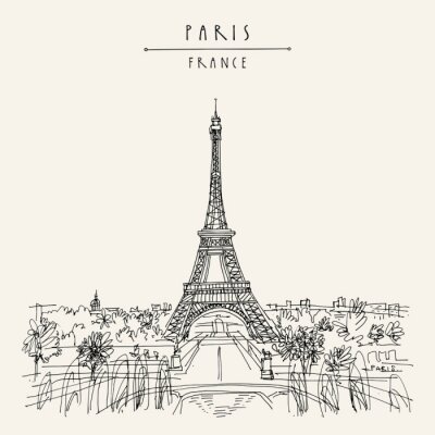 Sticker   Paris, France, Europe. Eiffel Tower. Artistic hand drawing in retro style. European travel sketch. Vintage hand drawn touristic postcard, poster or book illustration in vector